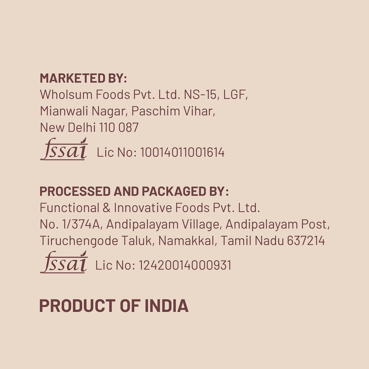 Text detailing the marketing, processing, packaging, and origin of a product on a beige background.