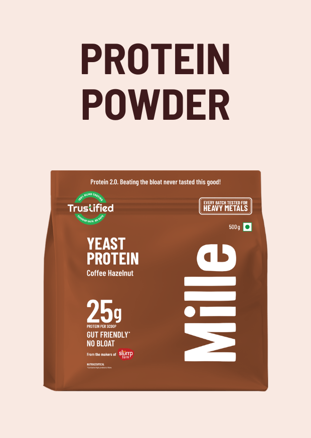 Mille yeast protein powder package on a beige background