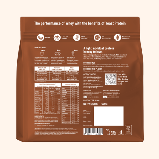 Back of a 550 g brown stand-up pouch of whey protein powder, featuring usage instructions, nutritional information, icons, and a blank white label area on a light beige background.