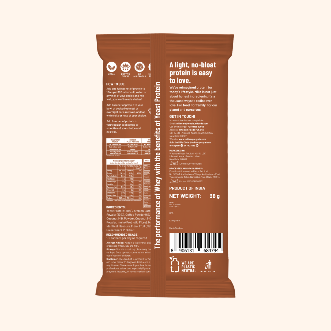 The back of a brown protein powder bag shown against a light beige background, displaying product details, ingredients, nutritional information, and a barcode.