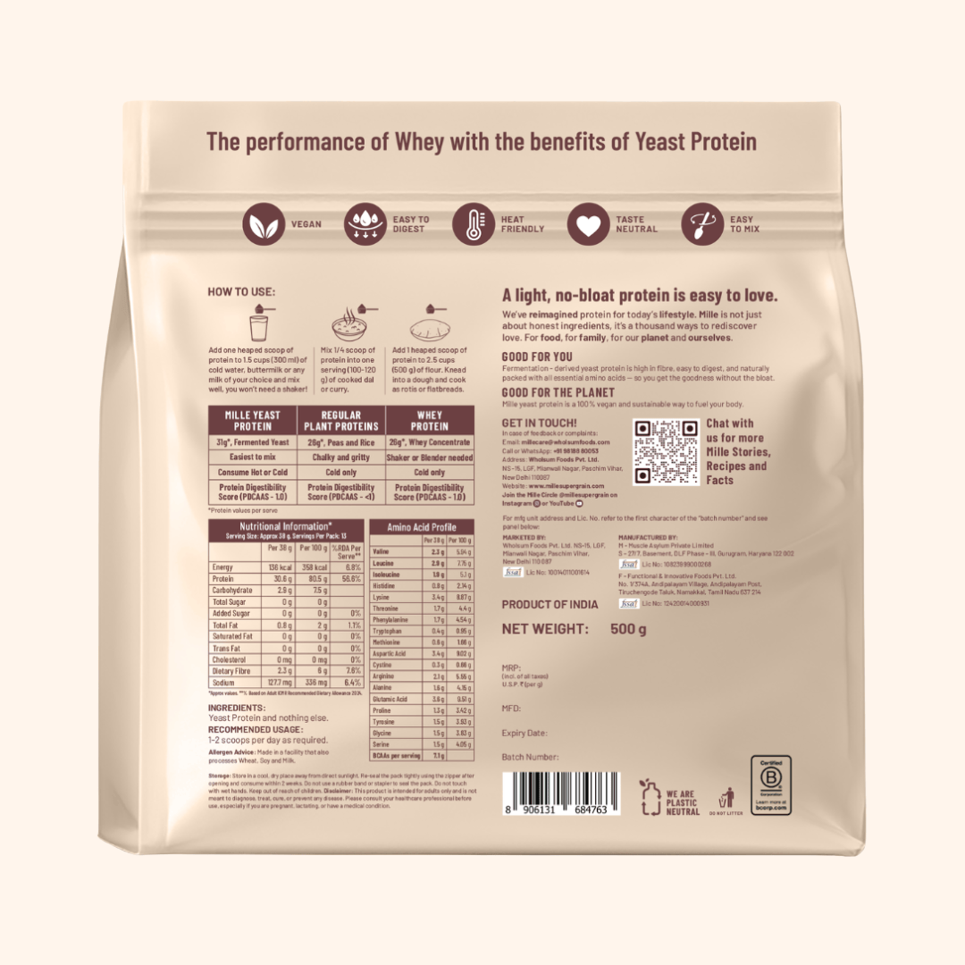 Back view of a 500 g stand-up pouch of pet protein food, featuring nutritional facts, usage instructions, and a QR code on a light beige background.