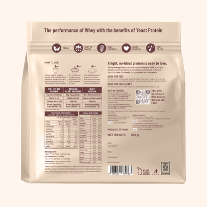 Back view of a 500 g stand-up pouch of pet protein food, featuring nutritional facts, usage instructions, and a QR code on a light beige background.