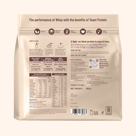 Back view of a 500 g stand-up pouch of pet protein food, featuring nutritional facts, usage instructions, and a QR code on a light beige background.