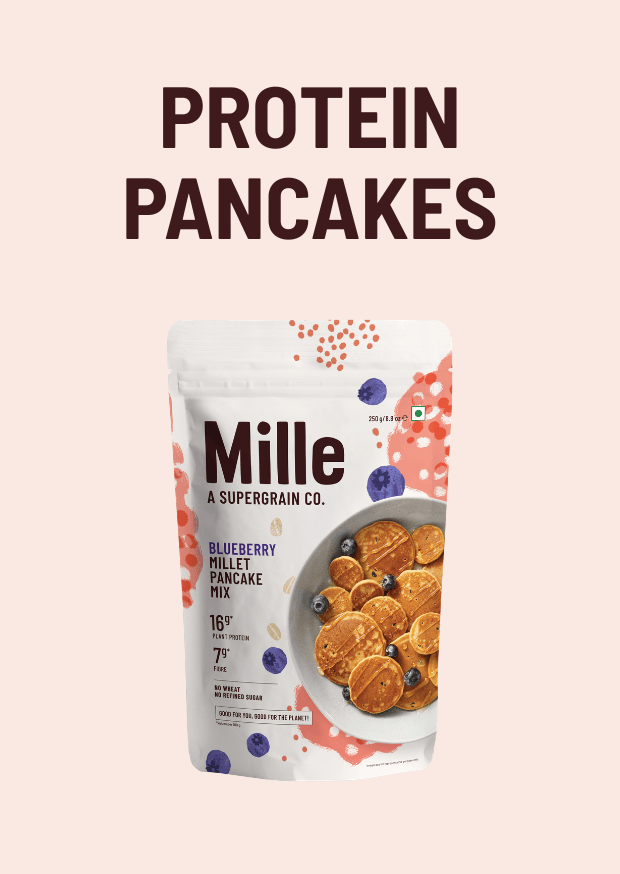 Mille Protein Pancakes packaging on a light pink background