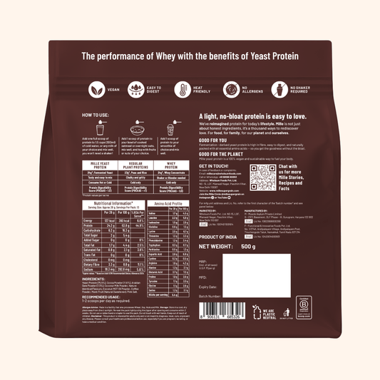 The back of a 600 g brown pouch of Whey with Yeast Protein, featuring product information, nutritional facts, usage icons, and a QR code on a light beige background.