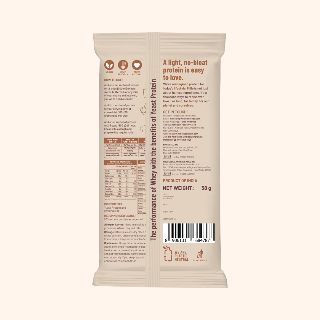 Back view of a 38 g package of Tofu Whey Protein powder, showing detailed product information, ingredients, and a barcode on a light beige background.
