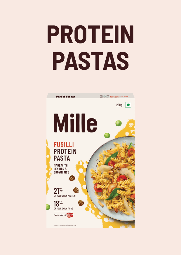 Mille Fusilli Protein Pasta packaging on a beige background