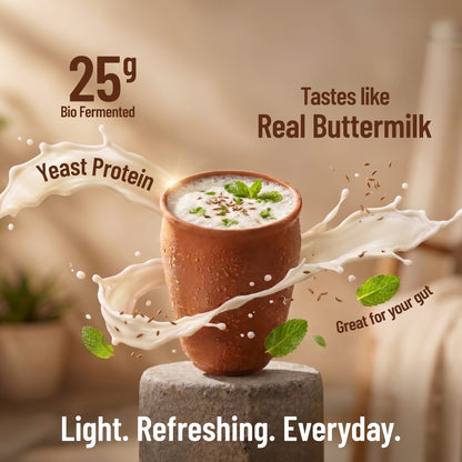 Ceramic cup with a beverage, surrounded by text highlighting yeast protein and buttermilk-like taste.