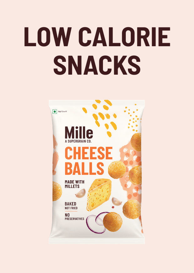 Mille Cheese Balls packaging with text 'Low Calorie Snacks' on a pink background
