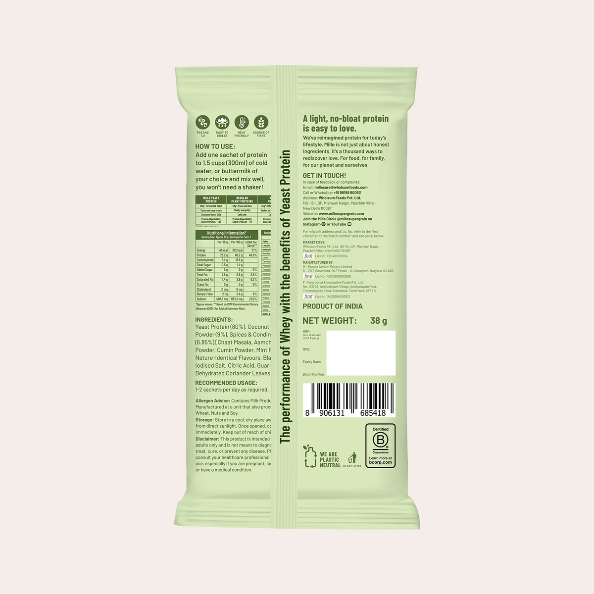 Green protein powder package with text and a barcode on a white background