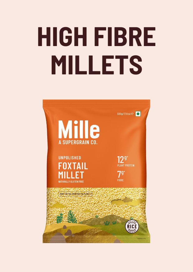 Mille Unpolished Foxtail Millet package on a beige background with text about high fibre millets.