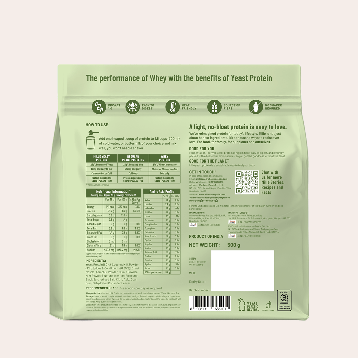 Green protein powder package with nutritional information and usage instructions on a light pink background