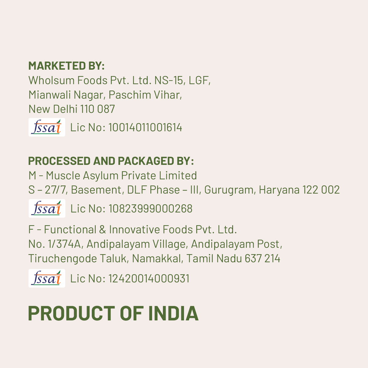 List of companies involved in the production and packaging of a product, with contact information and FSSAI logos.