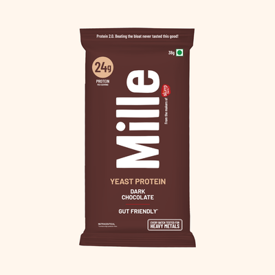 Mille yeast protein bar packaging with dark chocolate flavor on a white background
