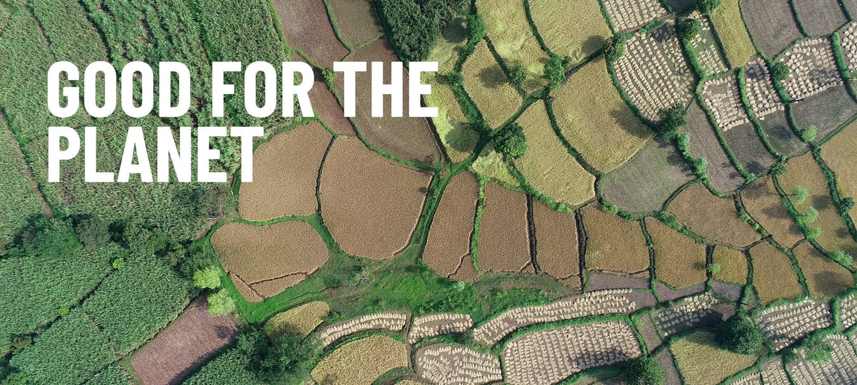 Aerial view of agricultural fields with 'Good for the Planet' text overlay.