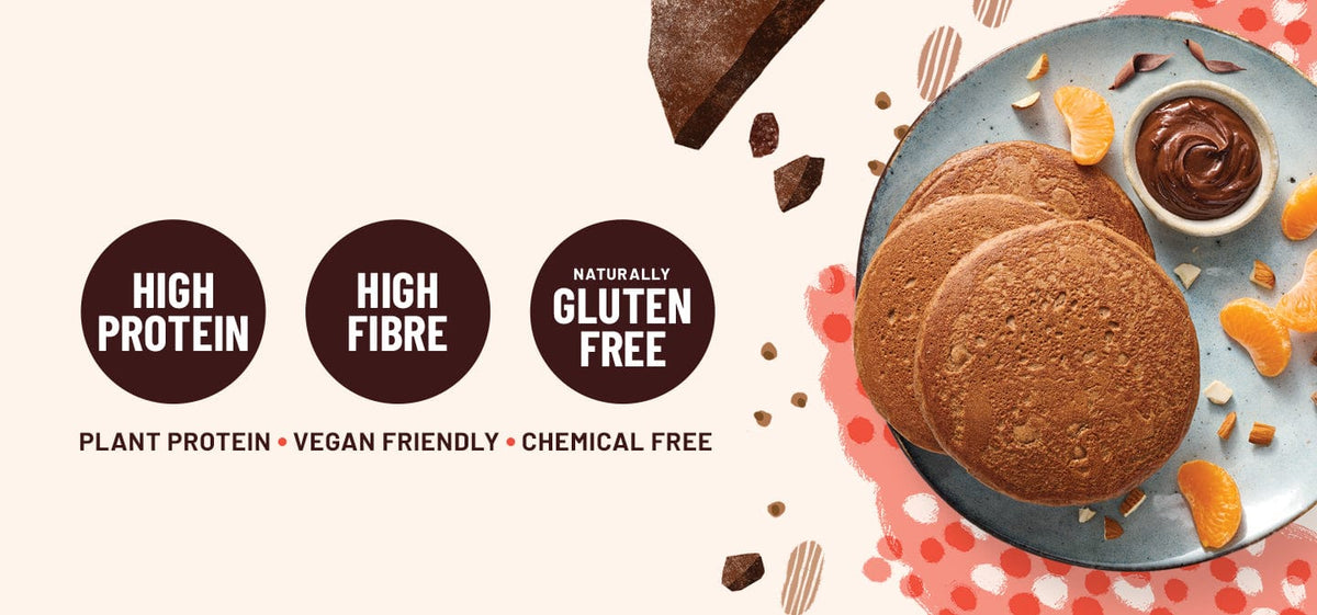 Plate of pancakes with chocolate sauce and dried fruit on a white background with health benefits text.