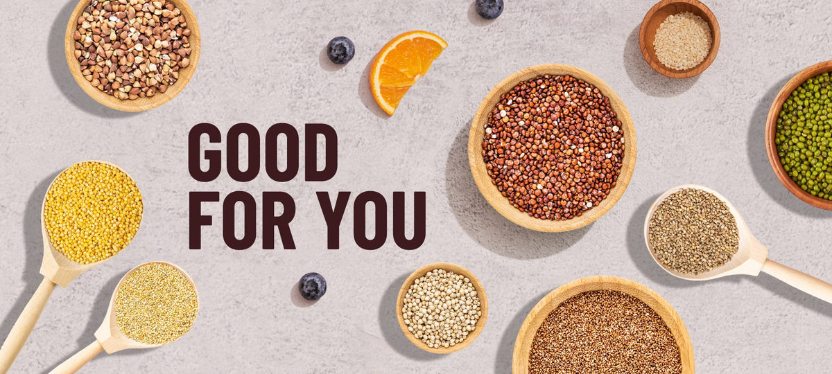 Assorted seeds and grains in bowls with spoons on a light background, featuring the text 'Good for You'.