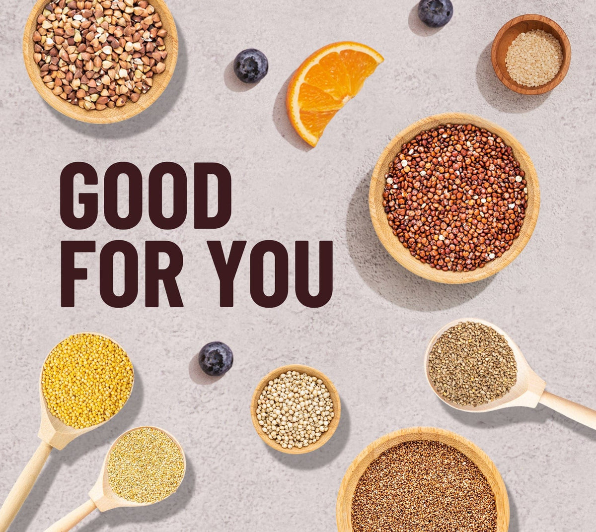 Assorted seeds and grains in bowls with spoons on a gray background, featuring the text 'Good For You'.