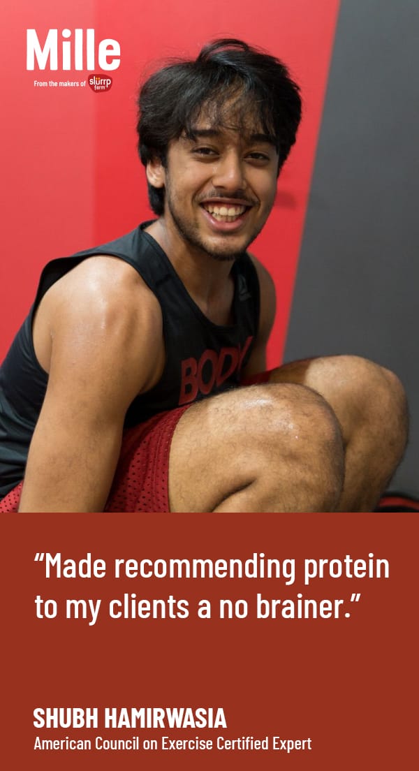 Person in athletic wear with a quote about recommending protein, branded with 'Mille'.