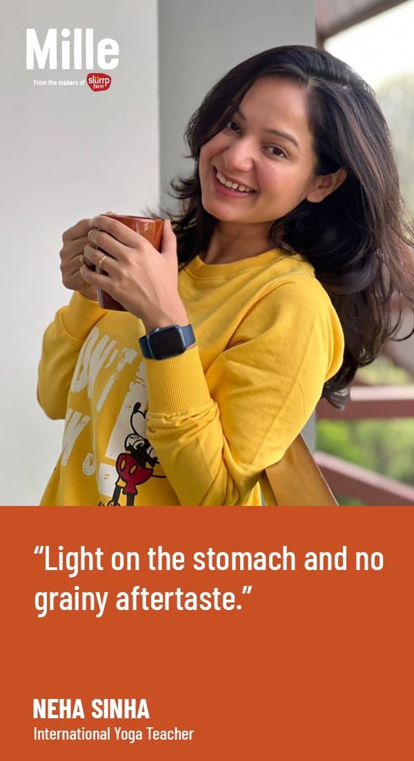 Woman in yellow sweater holding a cup with text about coffee, featuring Mille brand.