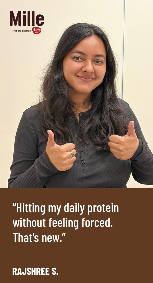 Woman giving a thumbs-up with text about daily protein intake and a visible brand logo.