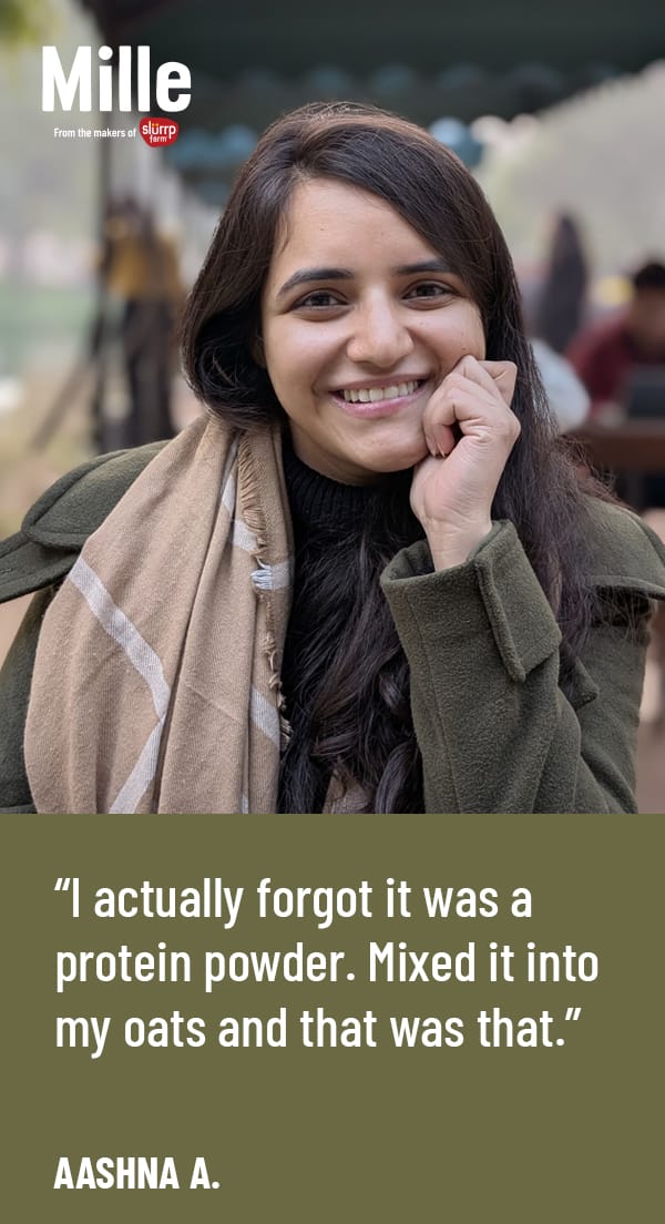Woman smiling with text overlay about protein powder and a quote from Aashna A.