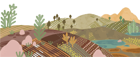 Illustration of a landscape with fields, trees, and mountains on a green background