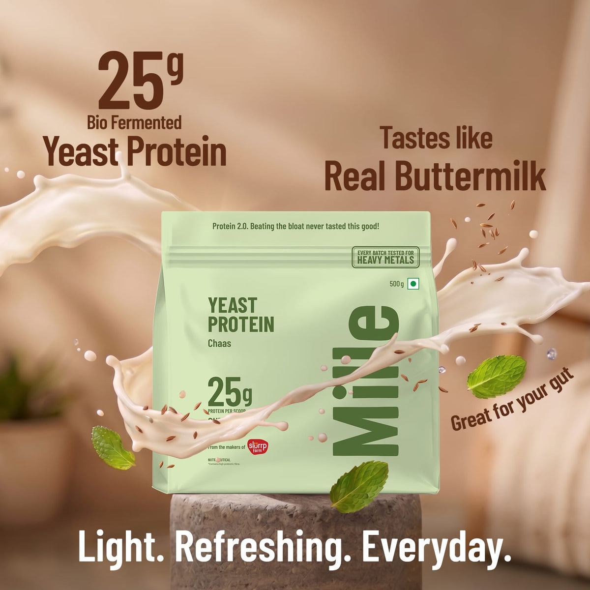 Mile Yeast Protein package with buttermilk splash and text on a beige background