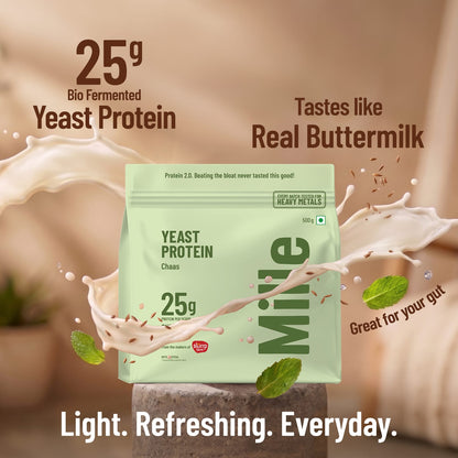 Mile Yeast Protein package with buttermilk splash and text on a beige background