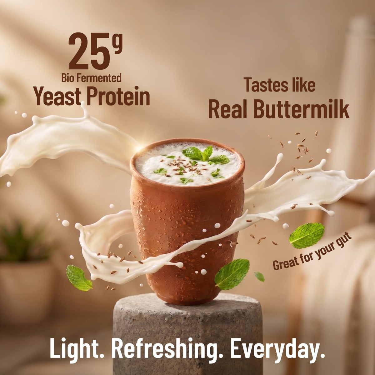 Ceramic cup with a beverage, surrounded by splashes of milk and text highlighting yeast protein and buttermilk taste.