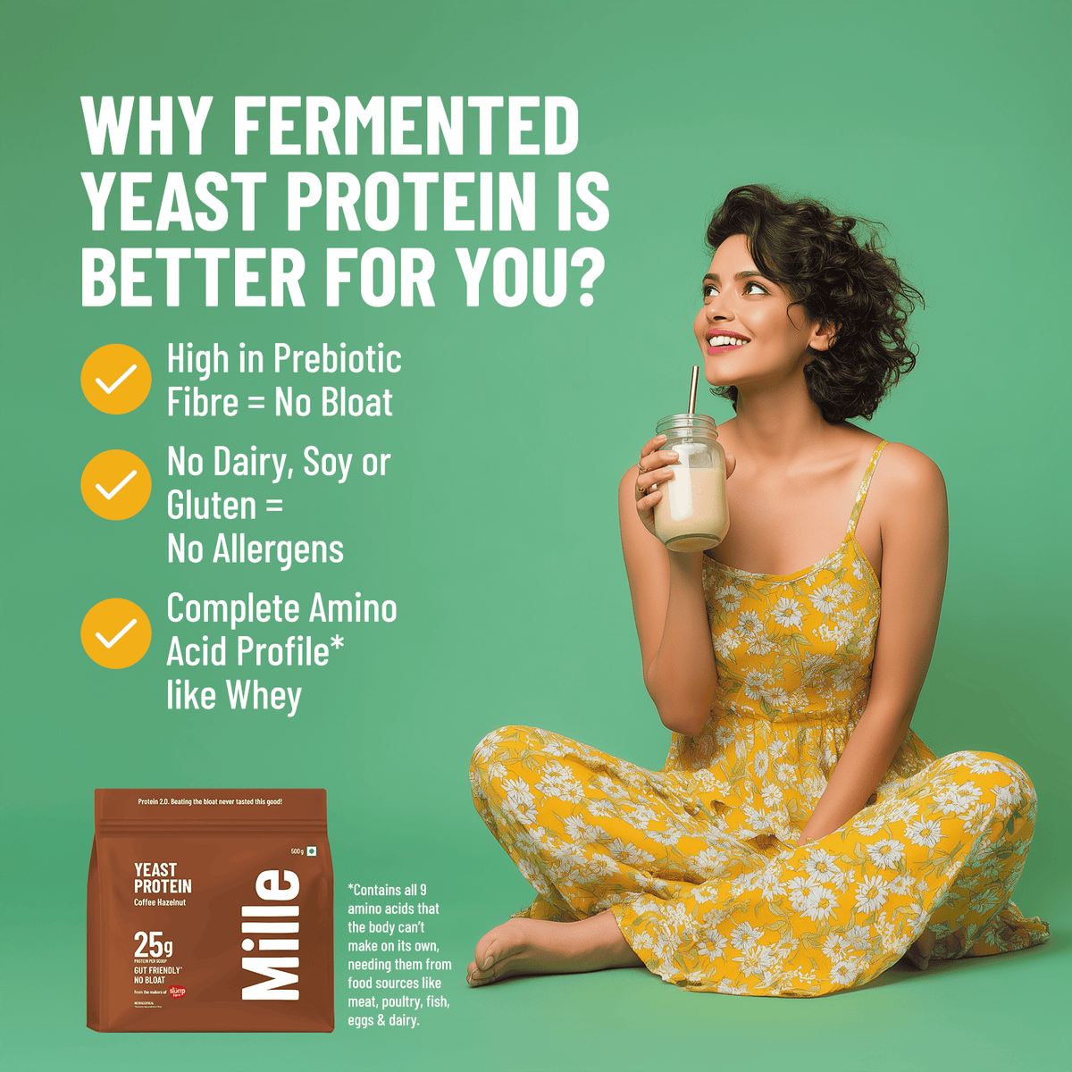 Woman in yellow floral dress holding a drink with Mille Yeast Protein packaging on a green background