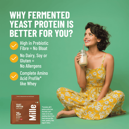 Woman in yellow floral dress holding a drink with Mille Yeast Protein packaging on a green background