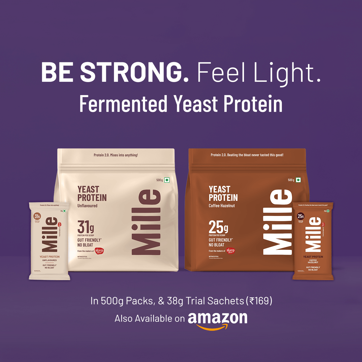 Mille fermented yeast protein packages on a purple background with promotional text.