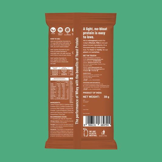Back view of a protein powder package with text and nutrition information on a green background