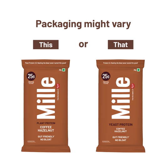 Two Mille protein package designs on a white background with text indicating packaging variation.