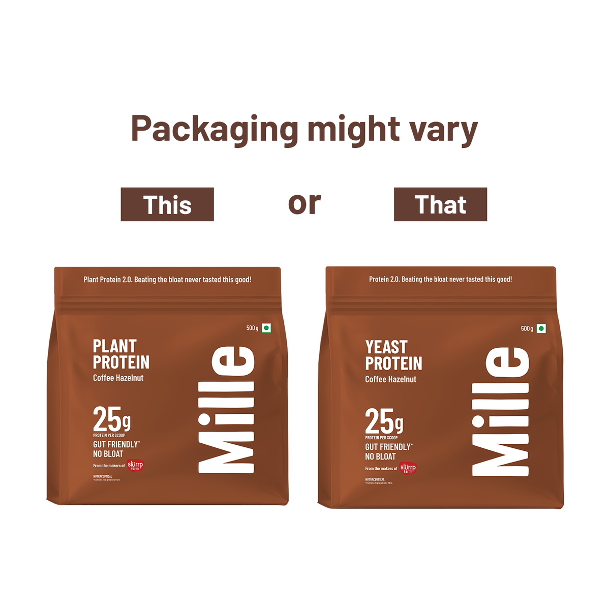 Two Mille protein powder packages, one labeled 'Plant Protein' and the other 'Yeast Protein', on a white background.