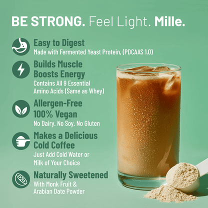 Mille protein powder with a glass of iced coffee on a green background