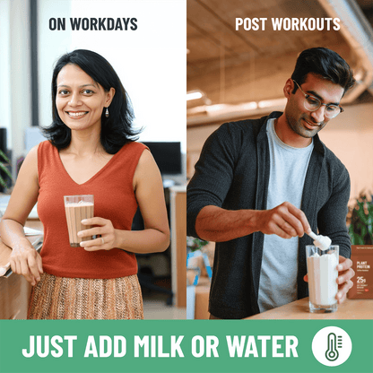 Two people using a product labeled 'Just Add Milk or Water' in different settings.