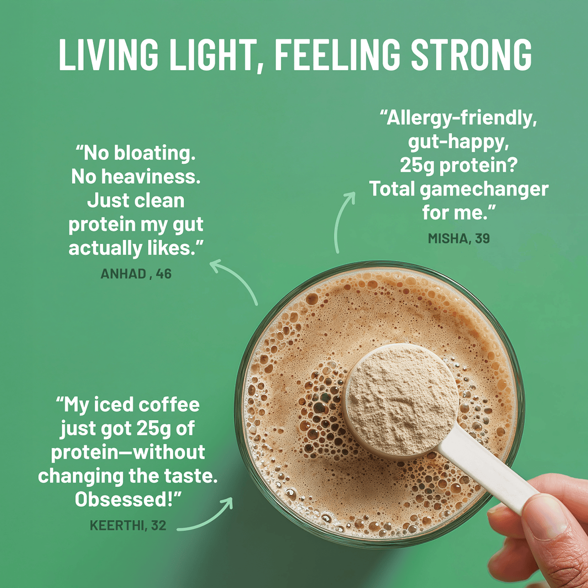 Glass of iced coffee with protein powder scoop on a green background with text about protein benefits.