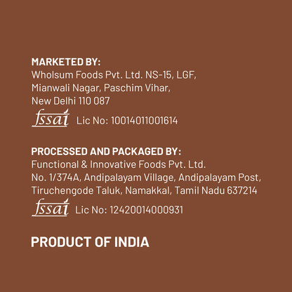 Text on a brown background providing information about the food product's marketing, processing, packaging, and origin.