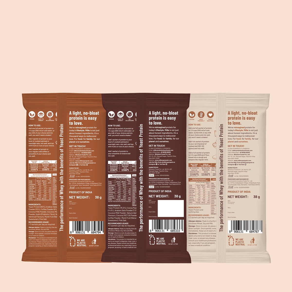 Three protein package labels on a beige background