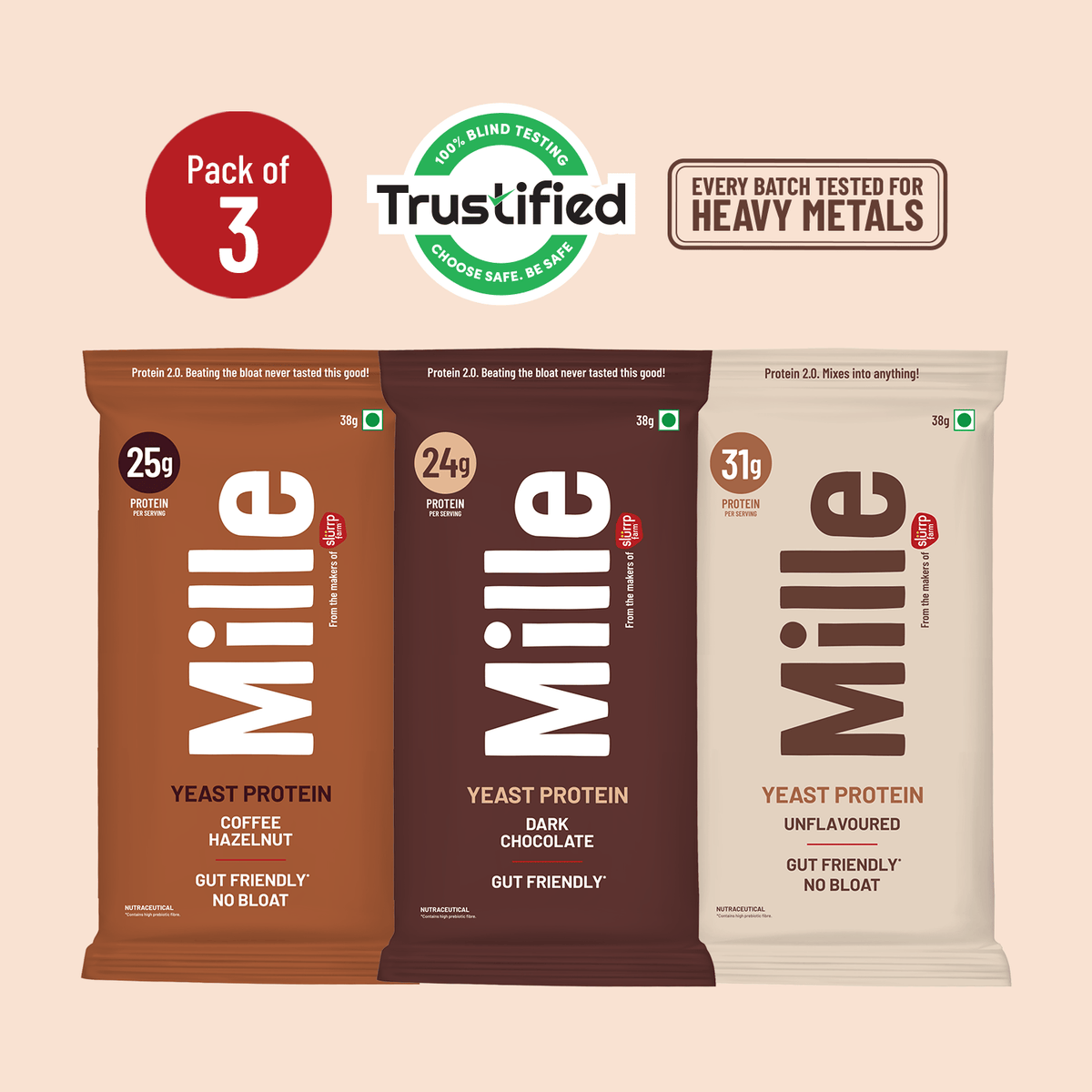 Three Mille yeast protein packages on a beige background with branding and certification logos.