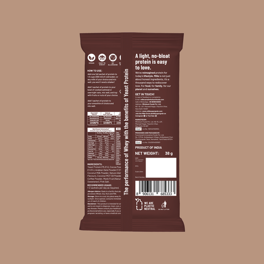 Back view of a protein powder package on a brown background