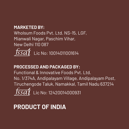 Text on a brown background providing information about the food product's marketing, processing, packaging, and origin.