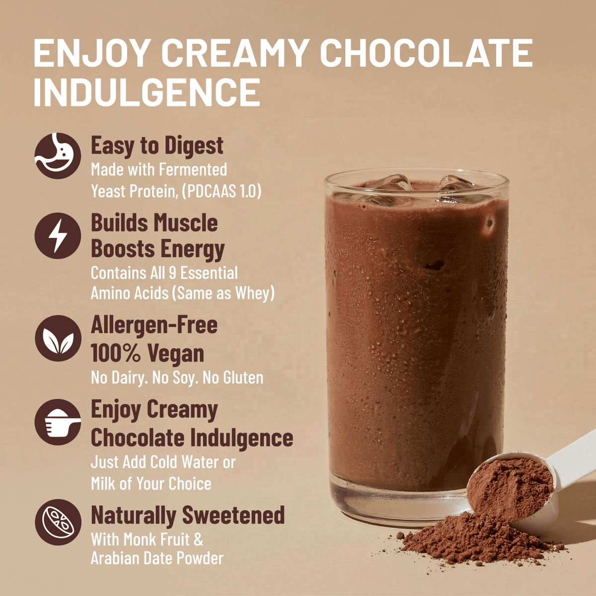 Chocolate protein shake with a scoop of powder on a beige background, featuring text about its benefits.