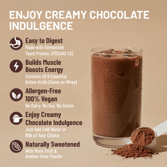 Chocolate protein shake with a scoop of powder on a beige background, featuring text about its benefits.