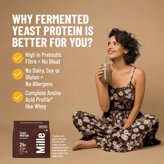 Woman holding a drink with text about fermented yeast protein benefits on a beige background