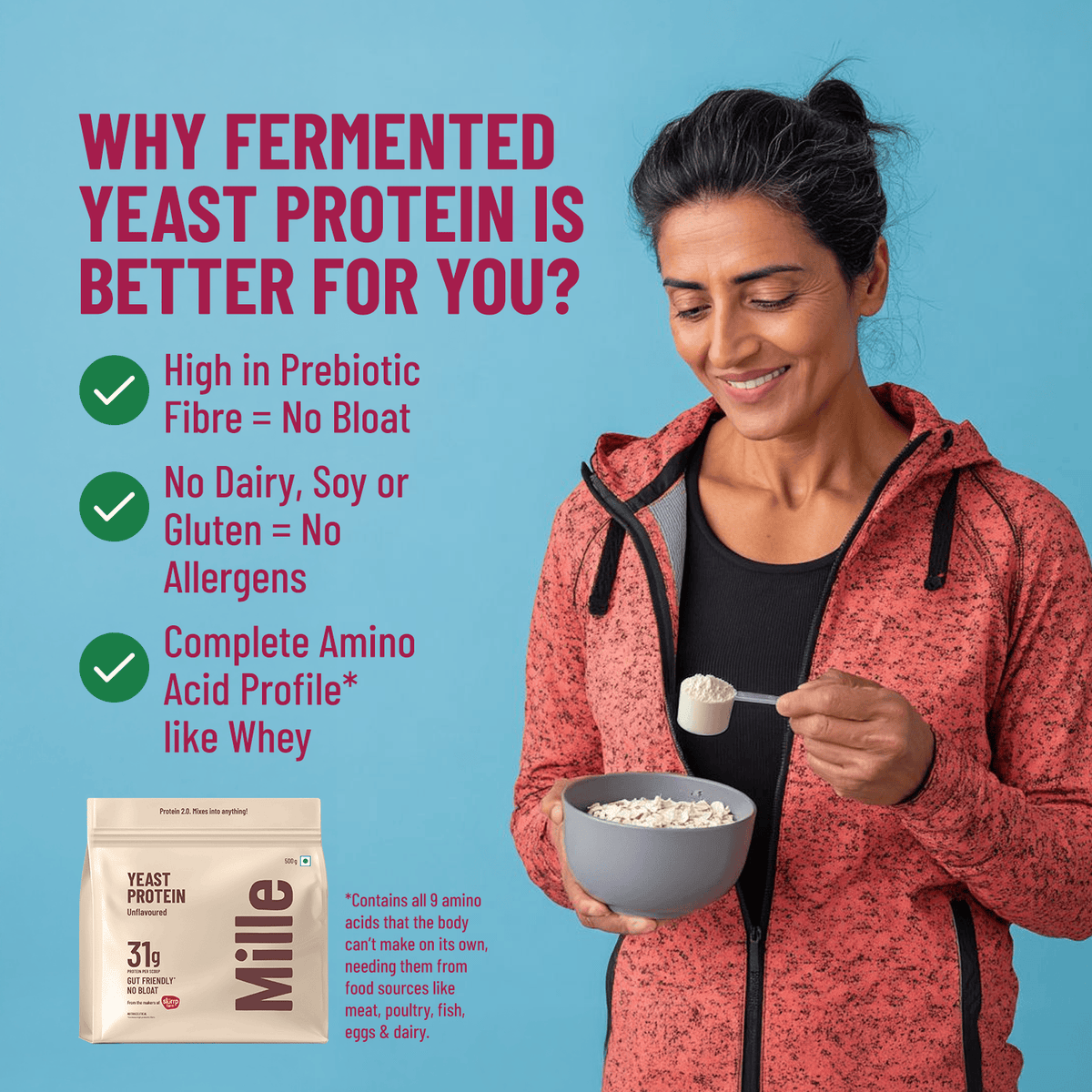 Woman holding a bowl of yeast protein with text about its benefits on a blue background