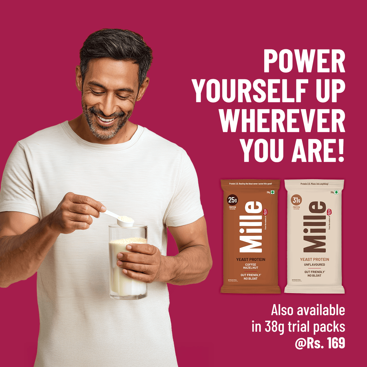 Man pouring a powder into a glass with Mille protein packages and promotional text on a pink background