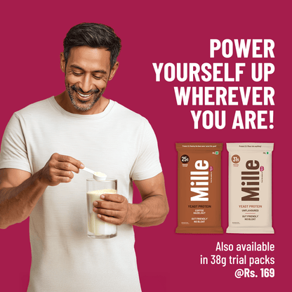 Man pouring a powder into a glass with Mille protein packages and promotional text on a pink background